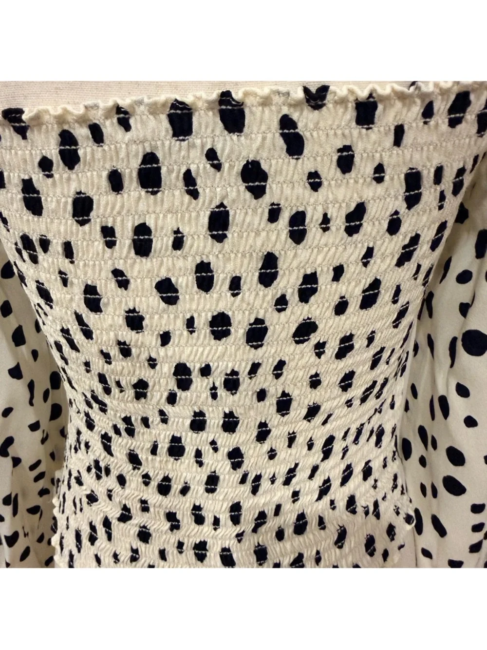 Reformation White and Black Spotted Square-Neck Long Sleeve Top